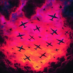 Airplane departure schedule in a vibrant psychedelic sky overhead itinerary journey