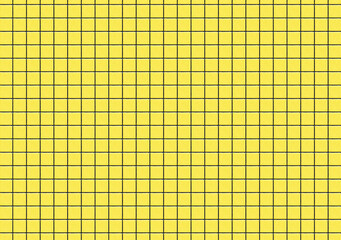 Yellow square ceramic tile background. Geometric wall decoration with ornamental patchwork. Simple square design and black grout grid on home bathroom floor.