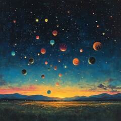 Fototapeta premium Colorful Planets Hovering Over a Peaceful Landscape at Sunset