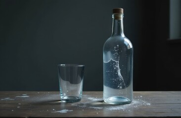 Empty bottle of vodka and glass in dirty grim room. Alcoholism problem, social and health issues connected with alcohol