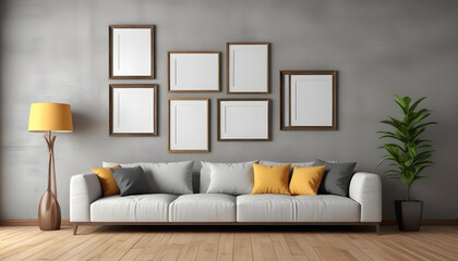 Living room or saloon interior design with frames on concrete wall 3d rendering