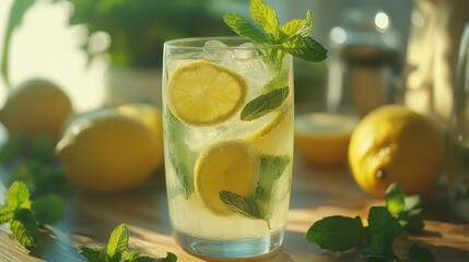 Fototapeta premium A refreshing, minty lemonade with ice cubes, served in a glass. The drink is garnished with fresh sliced lemons.