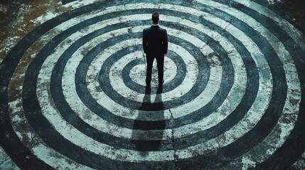 Businessman standing in the center of a target, symbolizing focus and ambition