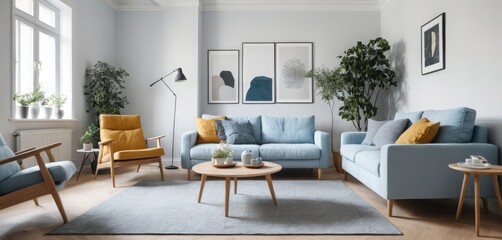 Dark blue sofa and recliner chair in scandinavian apartment with Interior design of modern living room
