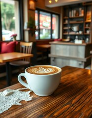 Cozy coffee shop with latte art on wooden table, perfect for relaxation and conversation