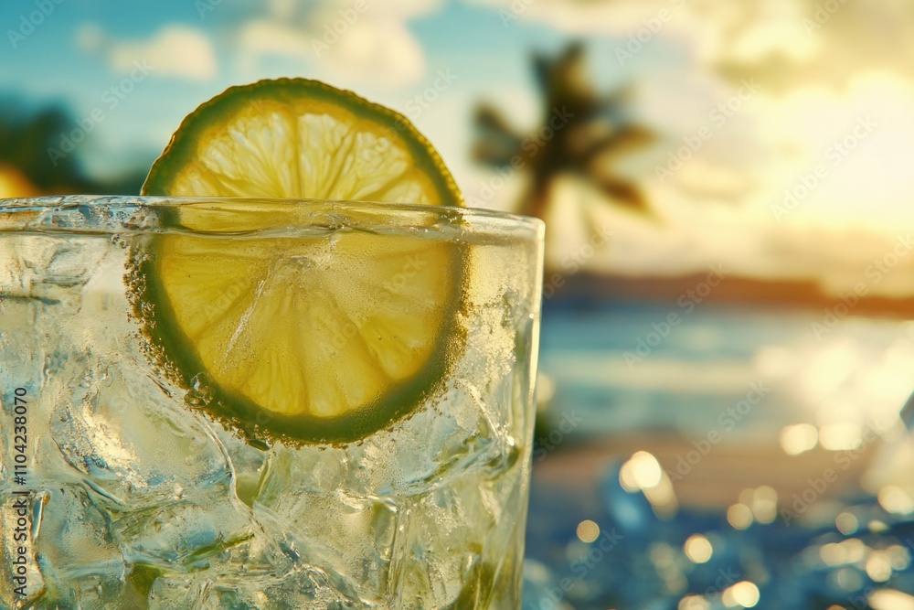 Poster glass of ice cold lemonade with a slice of lime on top. the drink is served on a beach with a palm t