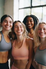 Fototapeta premium Smiling female athletes pose for a workout class photo