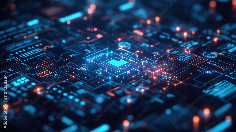 Aufkleber abstract view of a circuit board illuminated with blue and orange lights, showcasing a complex techn