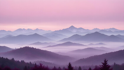 Misty purple mountains in the distance against a soft pink sky - Powered by Adobe