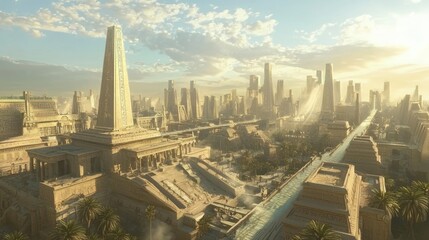 Fototapeta premium Future of the Pharaohs: Sci-Fi Egyptian Metropolis with Sky Bridges and Levitating Chariots