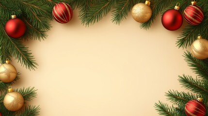 A festive arrangement of lush green Christmas tree branches adorned with shimmering red and gold ornaments, set against a warm beige backdrop.