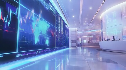A futuristic financial center with holographic stock charts projected in the air