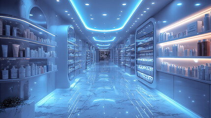Modern hallway of a beauty and wellness store illuminated with neon lights showcasing various skincare products. Generative AI