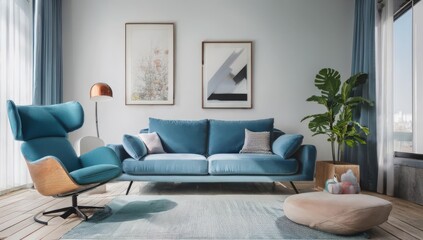 Dark blue sofa and recliner chair in scandinavian apartment with Interior design of modern living room