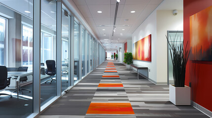 Real life photograph of a long corporate hallway