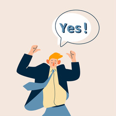 Young man raising both hands showing agreement sign. Say YES sign. Concept of compliment, agreement, preference, confirmation, guarantee, certifying action, warrant, sympathy.  