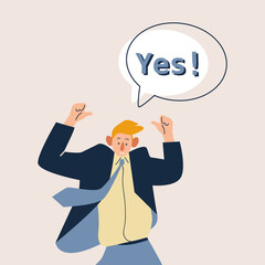 Young man raising both hands showing agreement sign. Say YES sign. Concept of compliment, agreement, preference, confirmation, guarantee, certifying action, warrant, sympathy. Vector illustration.