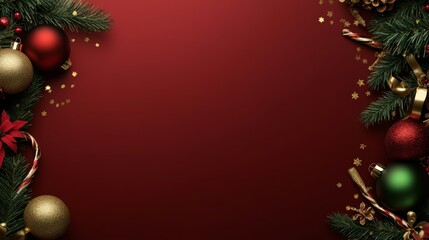 A festive array of vibrant Christmas decorations sparkles against a rich red backdrop, evoking warmth and joy during the holiday season.