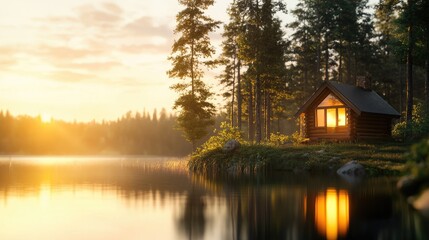 Fototapeta premium Serene Lakeside Cabin at Sunrise with Golden Light Reflection