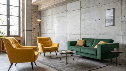 Fototapeta premium Minimalist loft living room with mustard yellow armchairs near a forest green sofa against a rustic brick wall