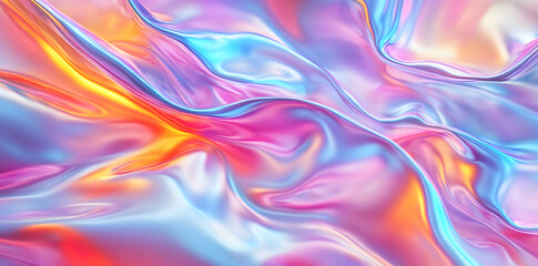 Obraz premium 3D render of a colorful iridescent holographic background. Colorful abstract fluid liquid waves with a hologram effect, holography, a shiny wavy cloth texture.