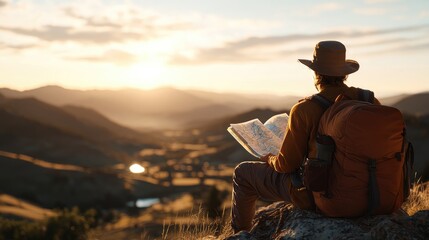 Adventurous Traveler Exploring Scenic Landscape with Map at Sunset