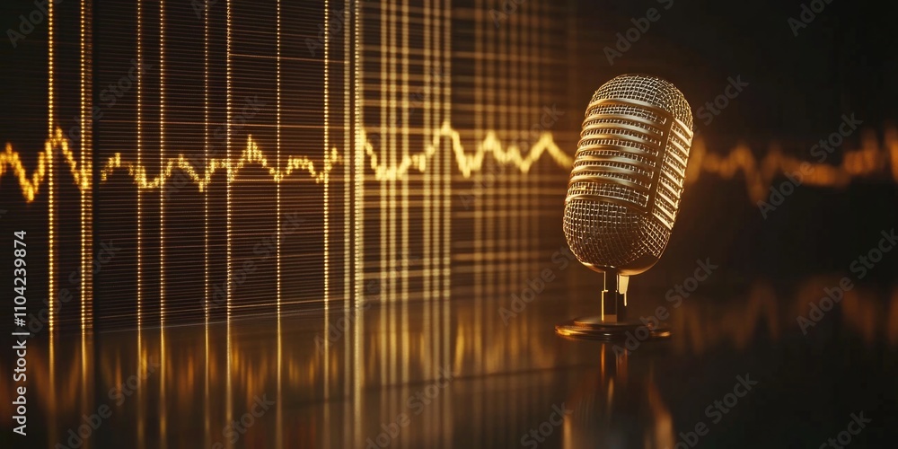 Poster microphone is placed on a table in front of a wall of lines and curves. the microphone is golden and