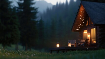 Obraz premium Cozy cabin in the woods with warm lights and serene atmosphere