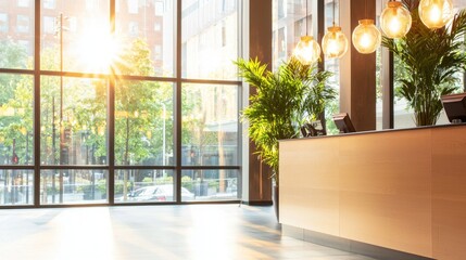 Fototapeta premium Modern Lobby with Sunlight and Indoor Plants in Urban Setting