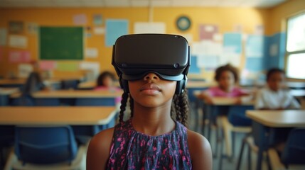 A young girl in a school setting wearing a virtual reality headset, indicating the use of technology for enhanced learning experiences.