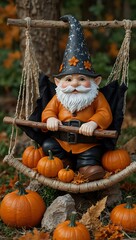 Autumn gnome in a hammock surrounded by bats and pumpkins.