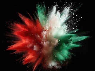 Explosion of Italian flag powder in a dark background. Bright red, white and green colors from the fireworks.