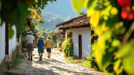 Tranquil Stroll Through Scenic Village with Friends and Nature