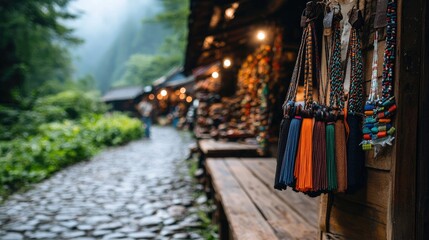 Fototapeta premium Colorful Handcrafted Accessories Displayed Outside Rustic Shops