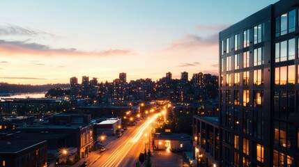 Obraz premium Sunset Over Cityscape with Modern Buildings and Street Lights