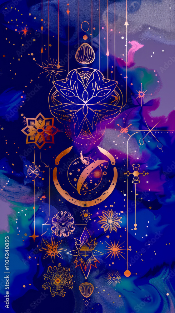 Poster cosmic abstract design with geometric patterns and vibrant colors on blue background