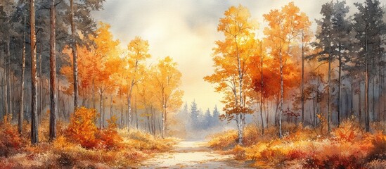 Obraz premium Autumnal forest path, golden leaves, sunlit trees.