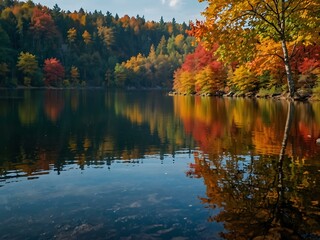 Autumn landscape with colorful leaves around a lake.