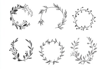 Fototapeta premium Detailed black and white illustrations of wreath designs, each with a unique combination of leaves and branches.