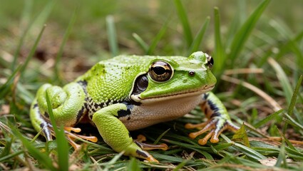 Naklejka premium A vibrant green frog resting calmly on the grass outdoors.