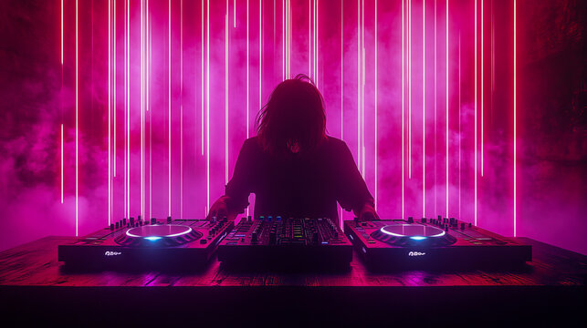 Female dj mixing music in neon pink club with led lights and fog effects