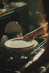 Fototapeta premium Person is putting plates in a dishwasher. The plates are white and there are four of them