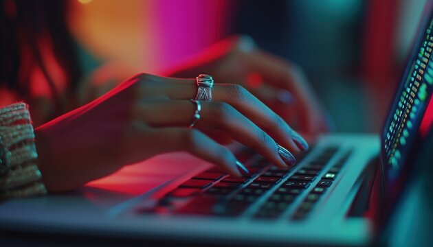 Woman'S Hands Coding Html And Programming On Laptop Screen In Close Up. Developing Websites And Applications As A Web Developer.
