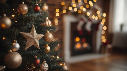 A majestic Christmas tree adorned with shimmering gold and vibrant red ornaments, topped with a sparkling star, radiates joy and festive spirit.
