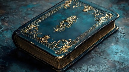 Fototapeta premium A blue leather bound book with gold embossing on the cover