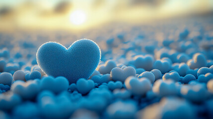 Blue heart shapes on soft surface at sunset with warm glow