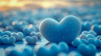 Fototapeta premium Blue heart-shaped objects with dewdrops in a dreamy landscape
