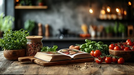 A rustic kitchen scene with fresh ingredients and a cookbook, inviting culinary creativity.