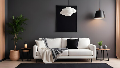 Real photo of a white sofa with cushion and blanket standing next to a black decoration with a wooden hand and a hanging lamp in a simple living room interior
