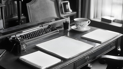 Naklejka premium A desk with a typewriter, a cup of coffee, and a pen